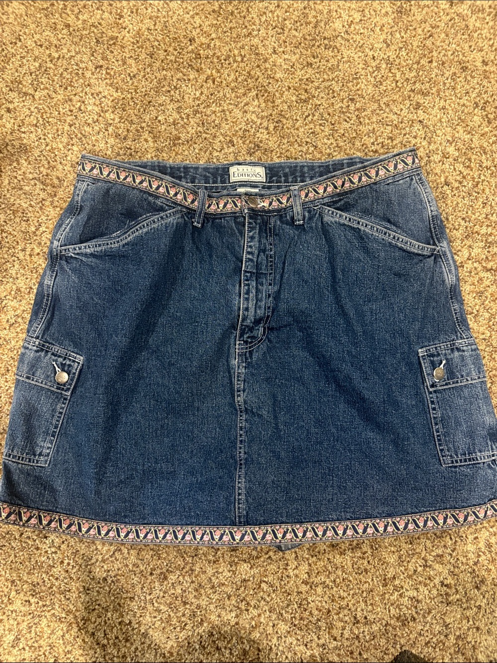Basic Editions Dark Blue Denim Mini Skirt with Geo Woven Trim